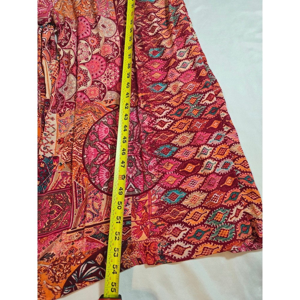 White Waves Boho Mixed Print Wide Leg Jumpsuit Open Back Tassel Burgundy S/M - Picture 12 of 15